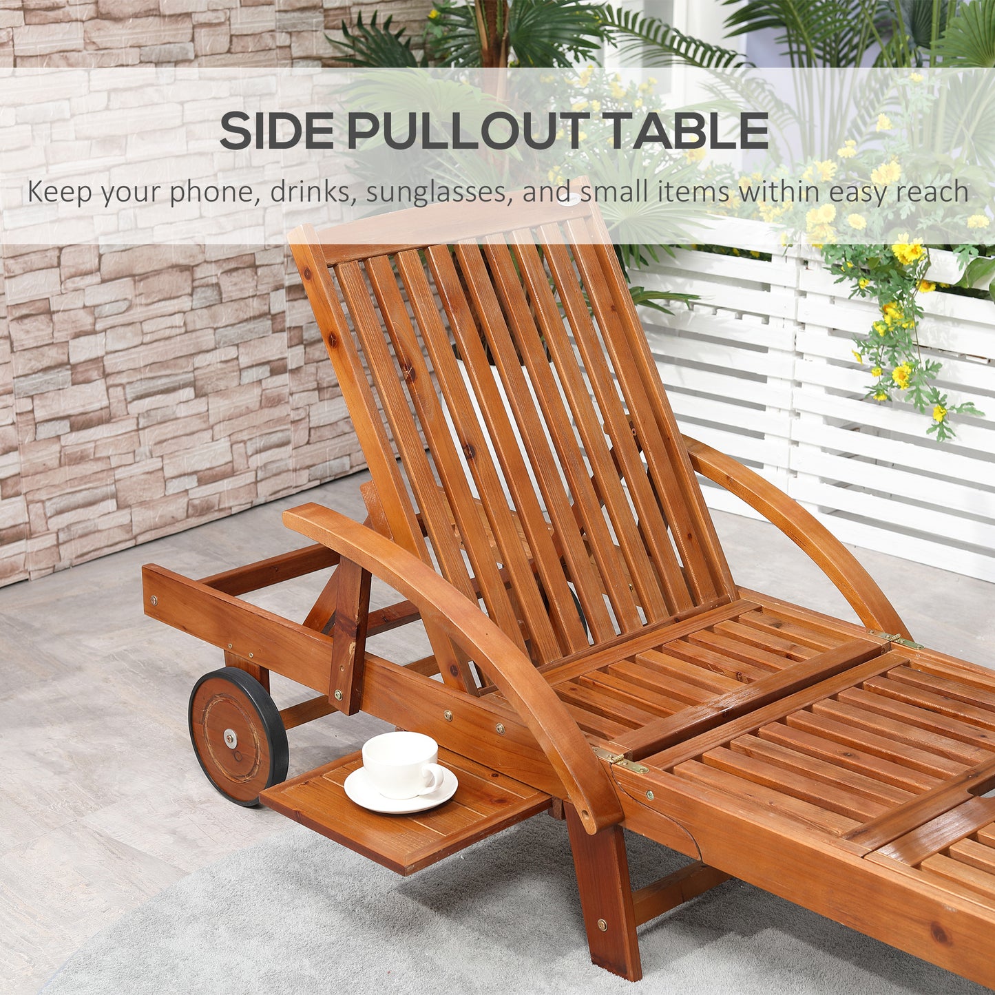 Wood Sun Lounger Chaise Bed Back Footrest Patio Furniture w/ Wheels