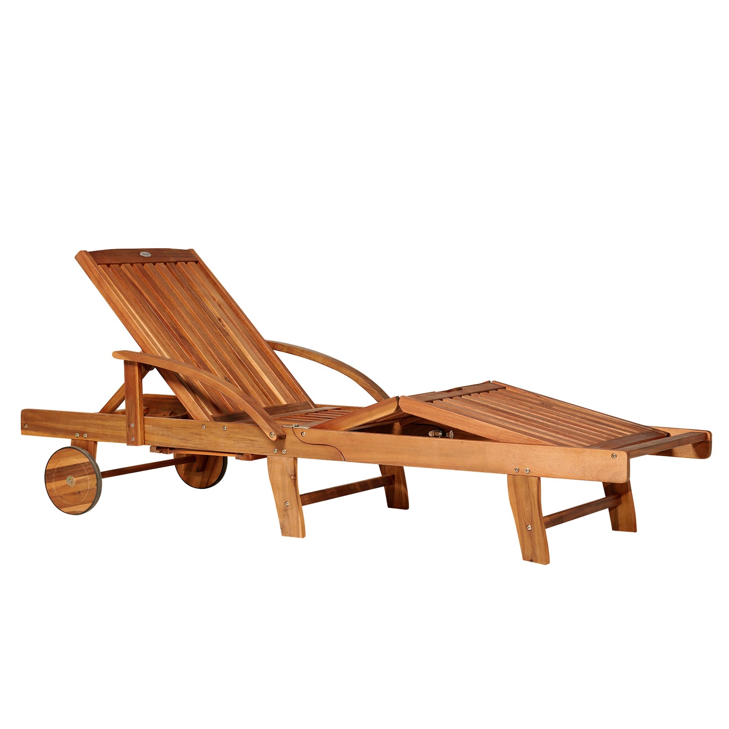 Wood Sun Lounger Chaise Bed Back Footrest Patio Furniture w/ Wheels