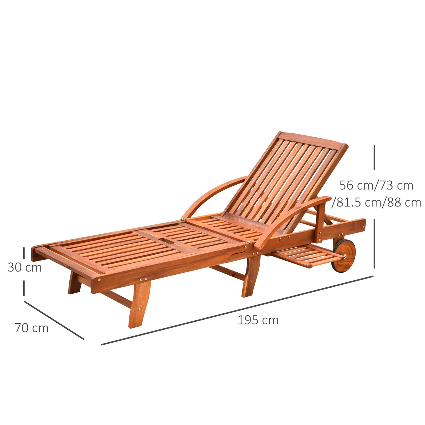 Wood Sun Lounger Chaise Bed Back Footrest Patio Furniture w/ Wheels