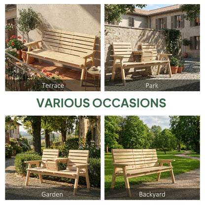 Convertable 3-Seater Wood Bench Table Garden w/ Armrests Natural