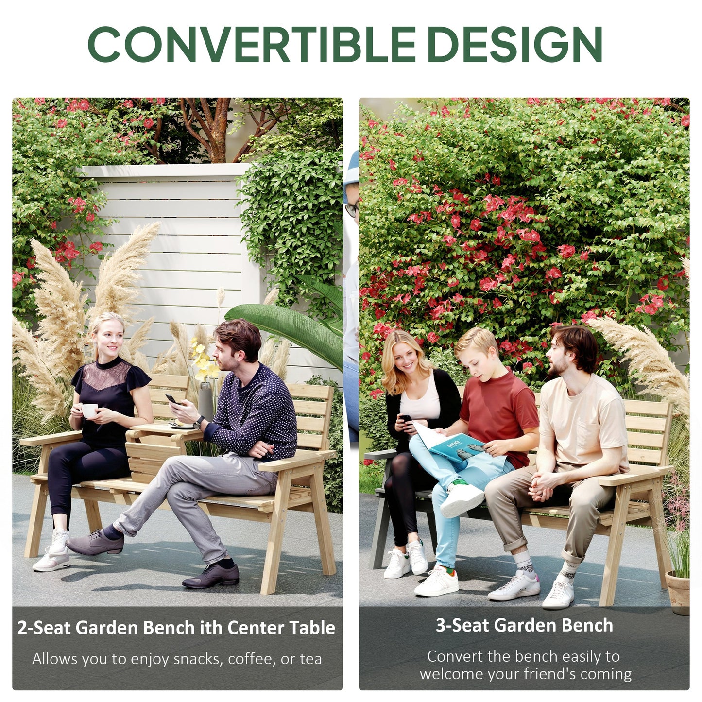 Convertable 3-Seater Wood Bench Table Garden w/ Armrests Natural
