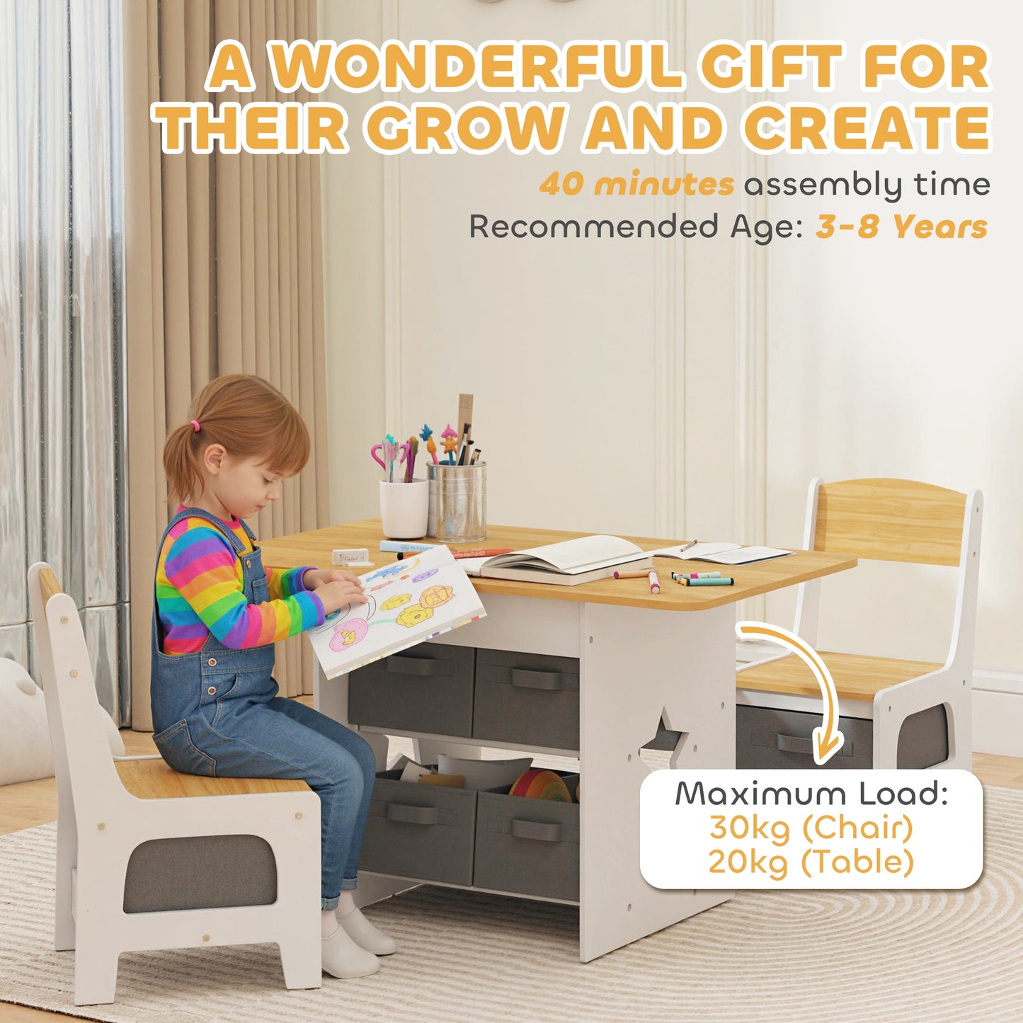 Kids Table and Chair Set with 6 Removable Drawers, Natural