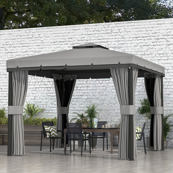 3 x 3(m) Patio Gazebo Canopy Garden Pavilion Tent Shelter Marquee with 2 Tier Roof, Netting and Curtains, Grey