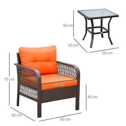 3 Pieces Rattan Bistro Set with Tempered Glass Table Orange