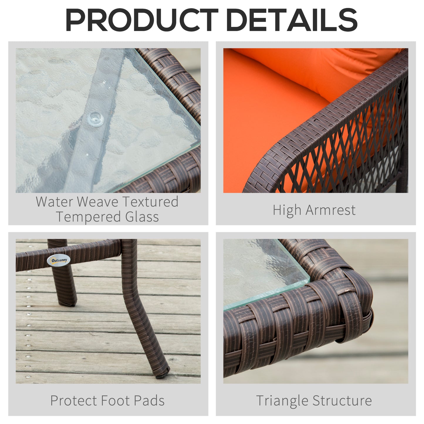 3 Pieces Rattan Bistro Set with Tempered Glass Table Orange