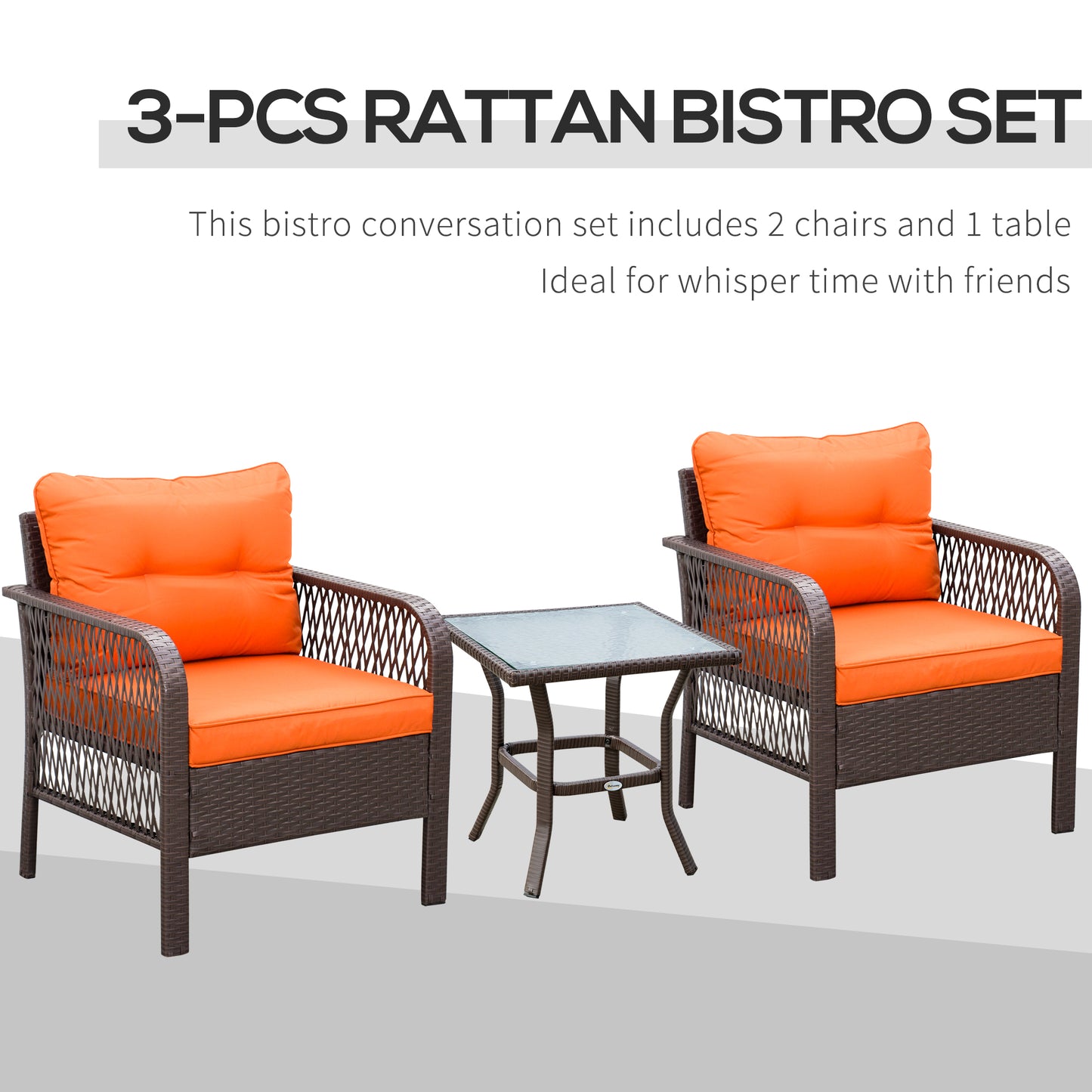3 Pieces Rattan Bistro Set with Tempered Glass Table Orange