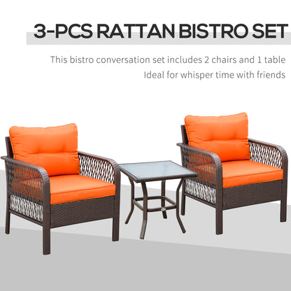 3 Pieces Rattan Bistro Set with Tempered Glass Table Orange
