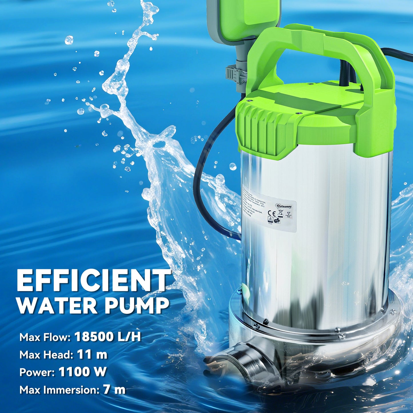 1100W Water Pump with Float Switch, 18500L/H Electric Sump Pump