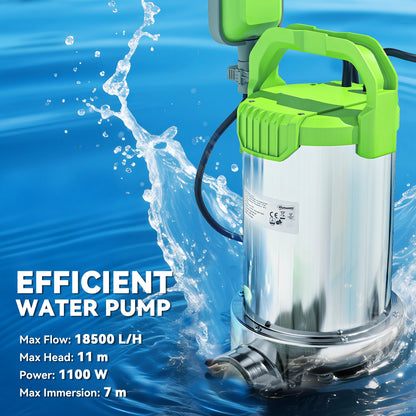 1100W Water Pump with Float Switch, 18500L/H Electric Sump Pump