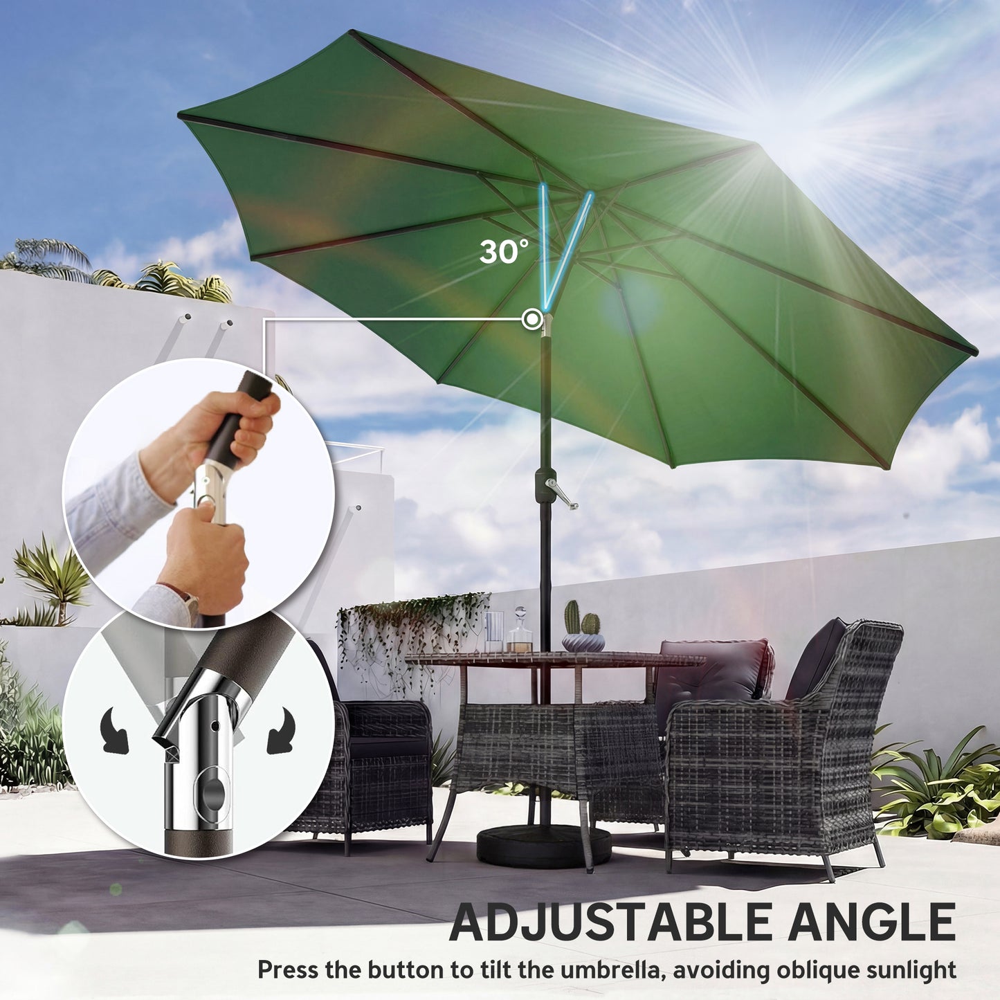 2.7 m Garden Parasol Umbrella with Cross Base, Sandbag, Green