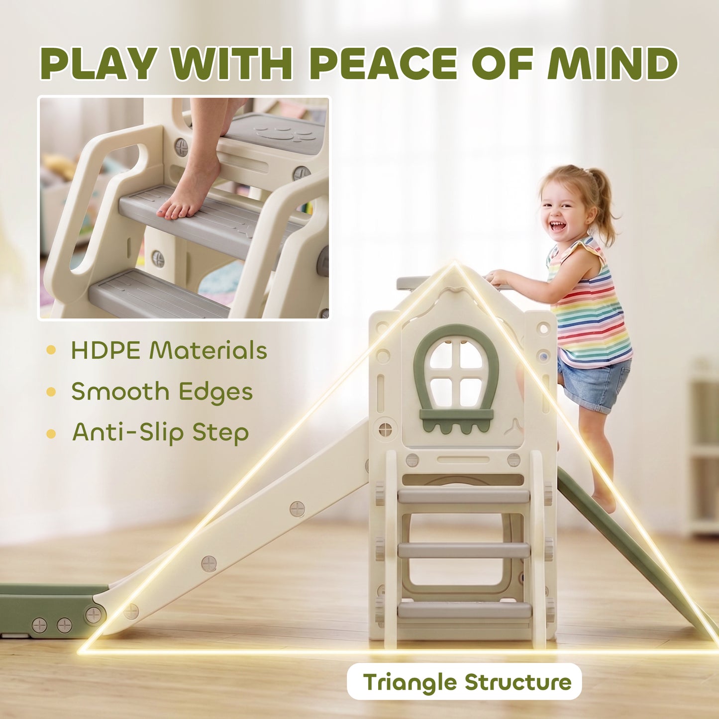 Foldable 5 in 1 Kids Slide with Climber and Basketball Hoop, Cream