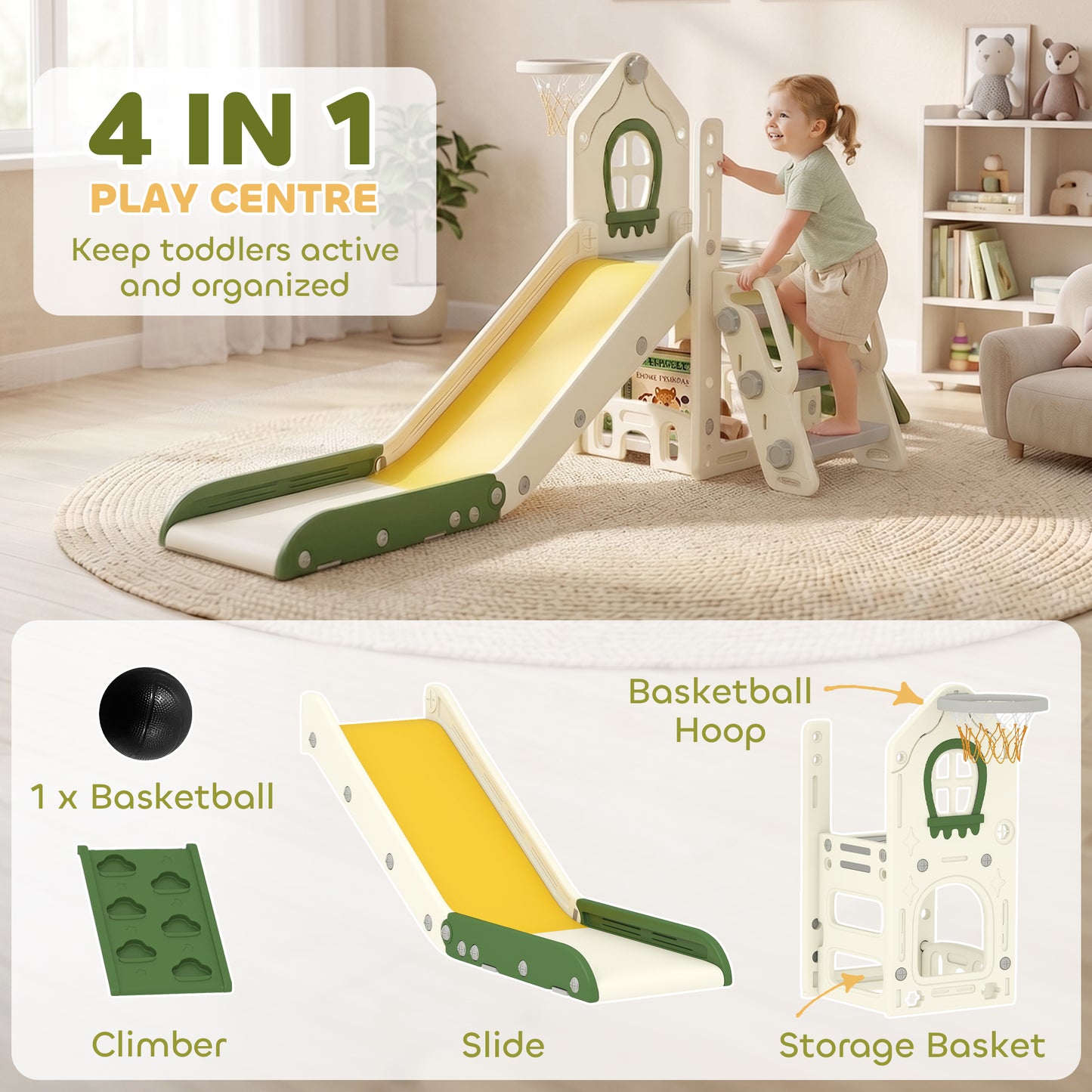 Foldable 5 in 1 Kids Slide with Climber and Basketball Hoop, Cream