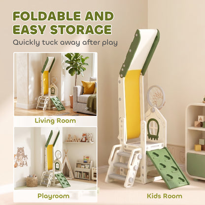 Foldable 5 in 1 Kids Slide with Climber and Basketball Hoop, Cream