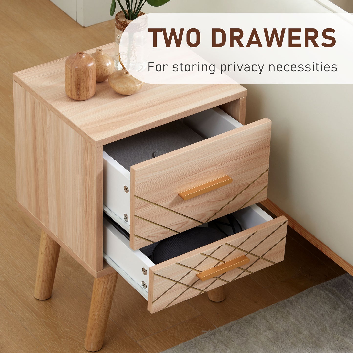 Bedside Cabinet, Nordic Bedside Table with 2 Drawers Wood Legs, Natural