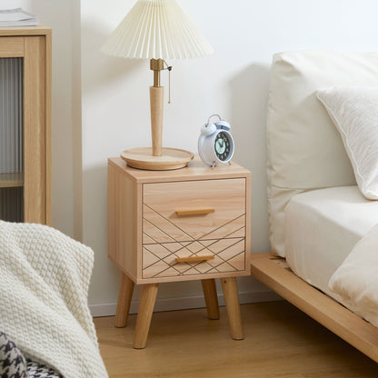 Bedside Cabinet, Nordic Bedside Table with 2 Drawers Wood Legs, Natural