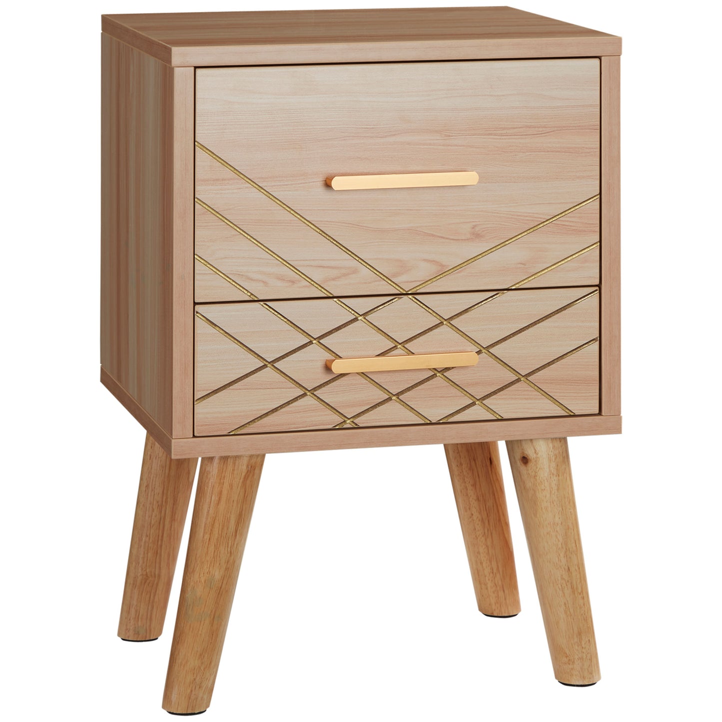 Bedside Cabinet, Nordic Bedside Table with 2 Drawers Wood Legs, Natural