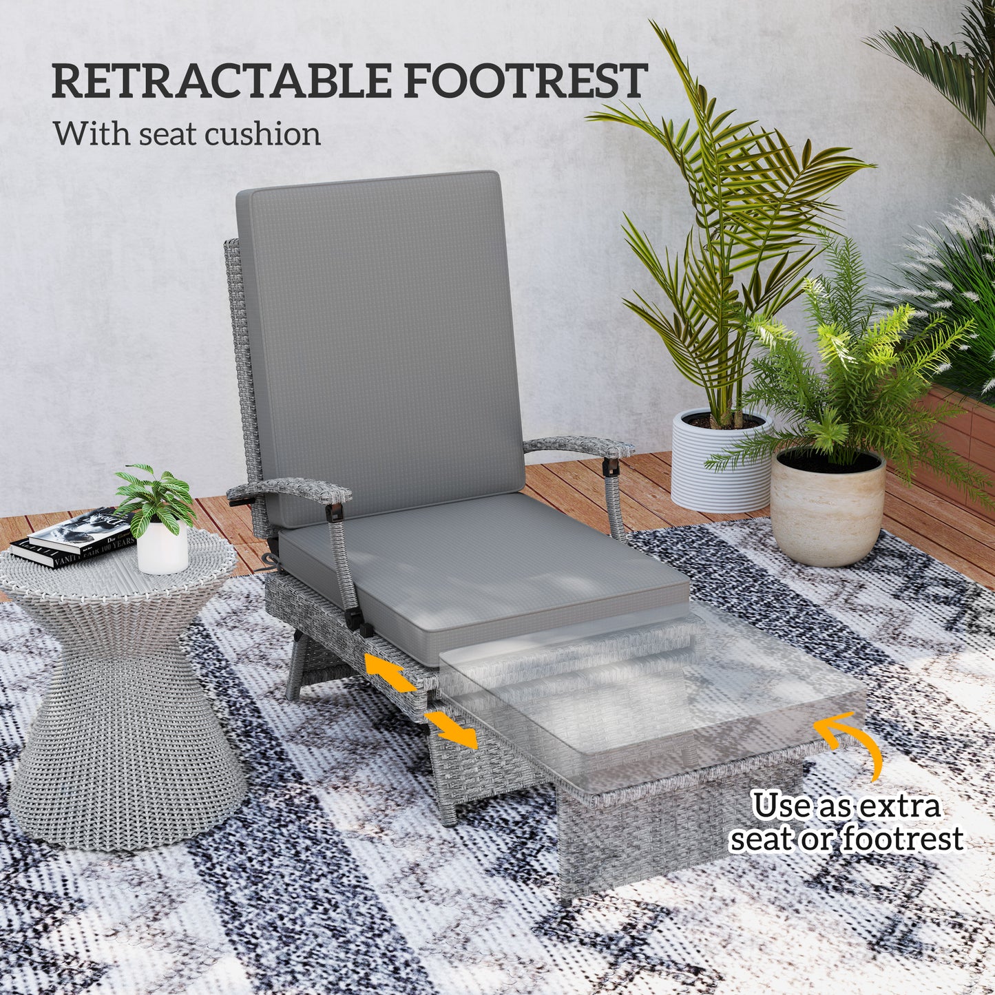 Foldable Rattan Garden Recliner Chair w/ Cushion, Footrest, Grey