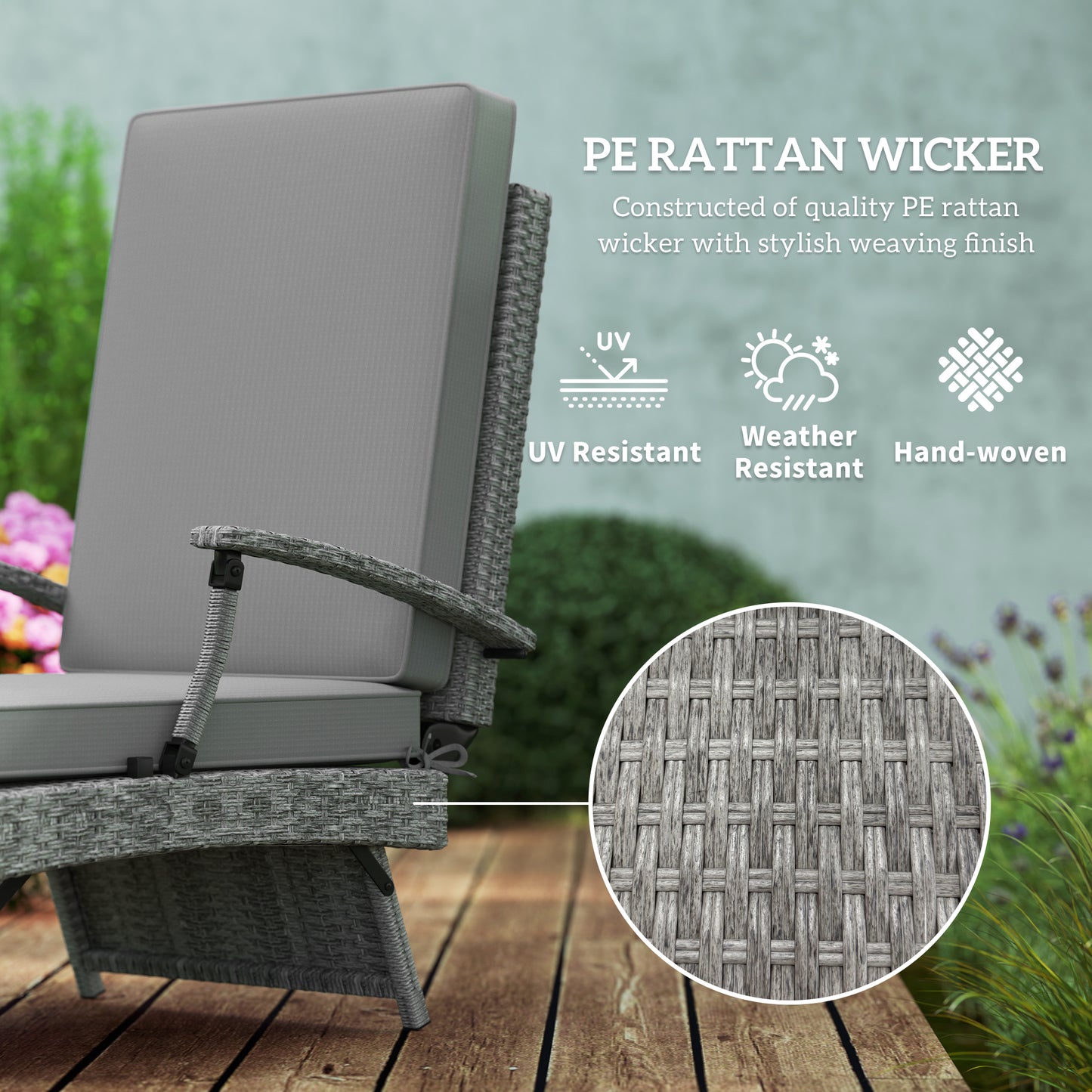 Foldable Rattan Garden Recliner Chair w/ Cushion, Footrest, Grey