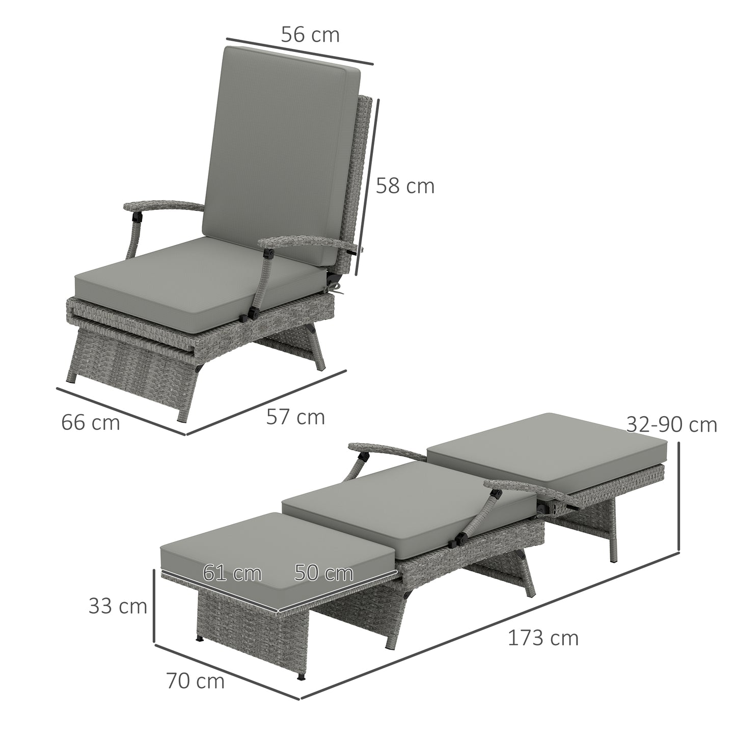 Foldable Rattan Garden Recliner Chair w/ Cushion, Footrest, Grey