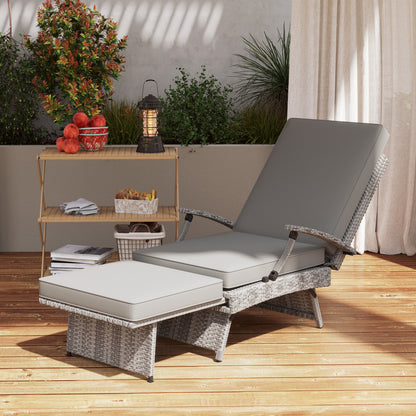 Foldable Rattan Garden Recliner Chair w/ Cushion, Footrest, Grey