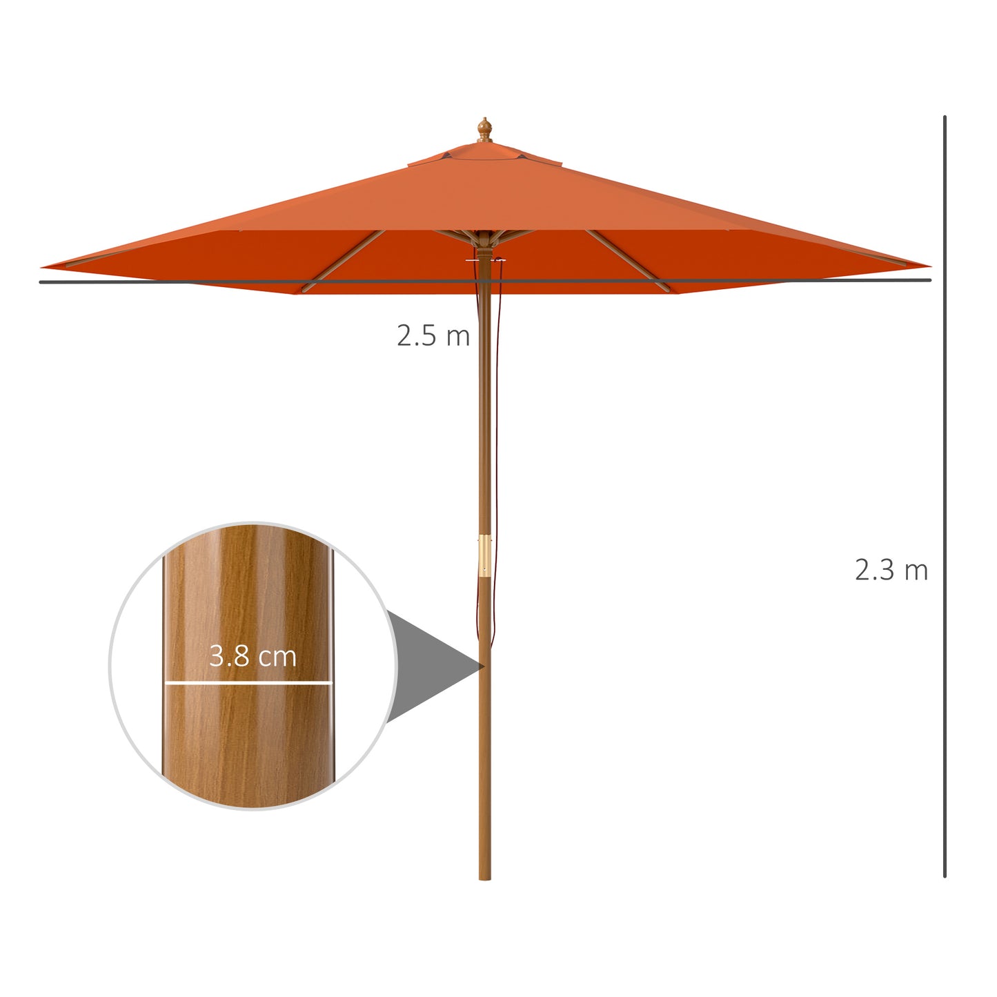 2.5m Wood Garden Parasol Sun Shade Outdoor Wooden Umbrella Canopy