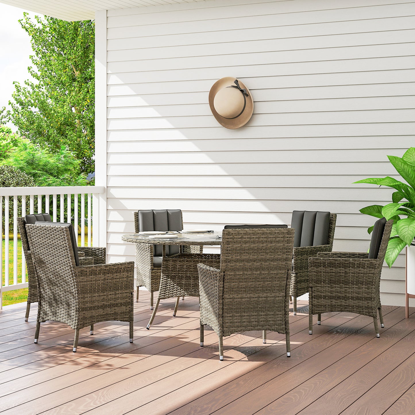 6 Seater Rattan Outdoor Dining Set with Cushions, Light Grey