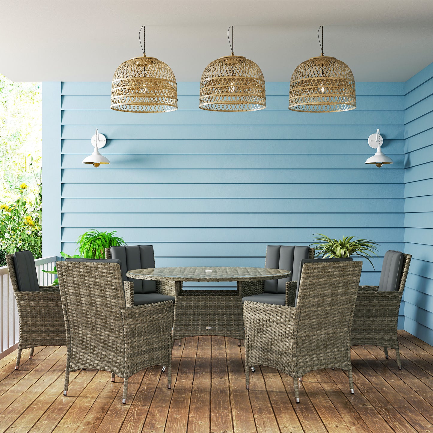 6 Seater Rattan Outdoor Dining Set with Cushions, Light Grey