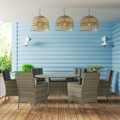 6 Seater Rattan Outdoor Dining Set with Cushions, Light Grey