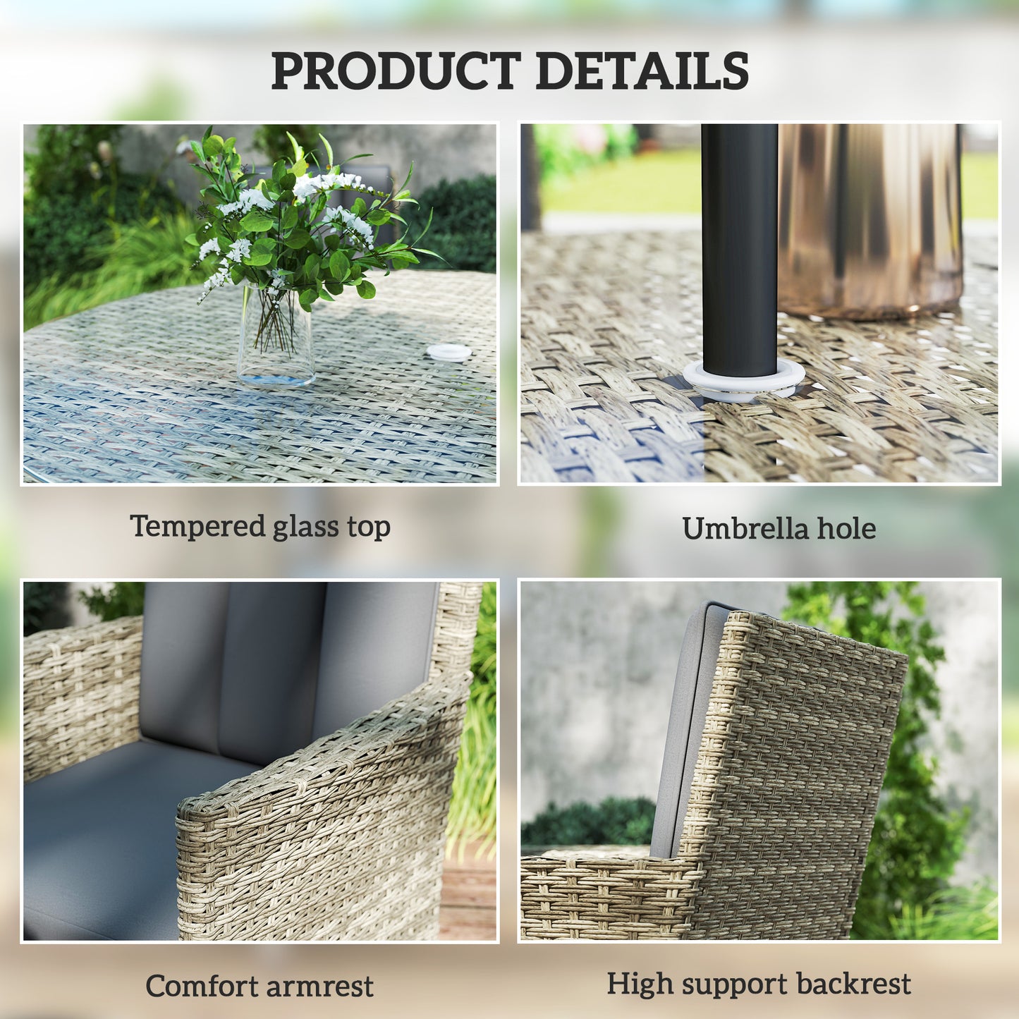 6 Seater Rattan Outdoor Dining Set with Cushions, Light Grey