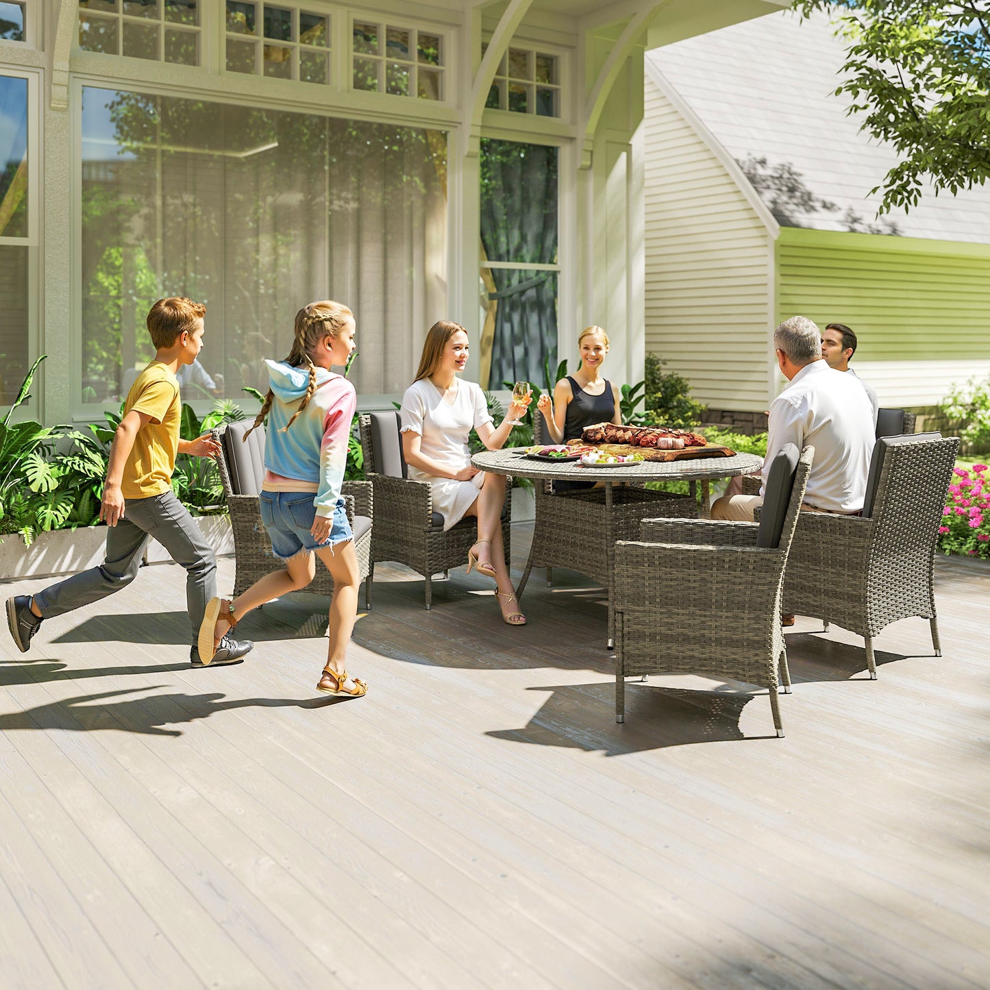 6 Seater Rattan Outdoor Dining Set with Cushions, Light Grey