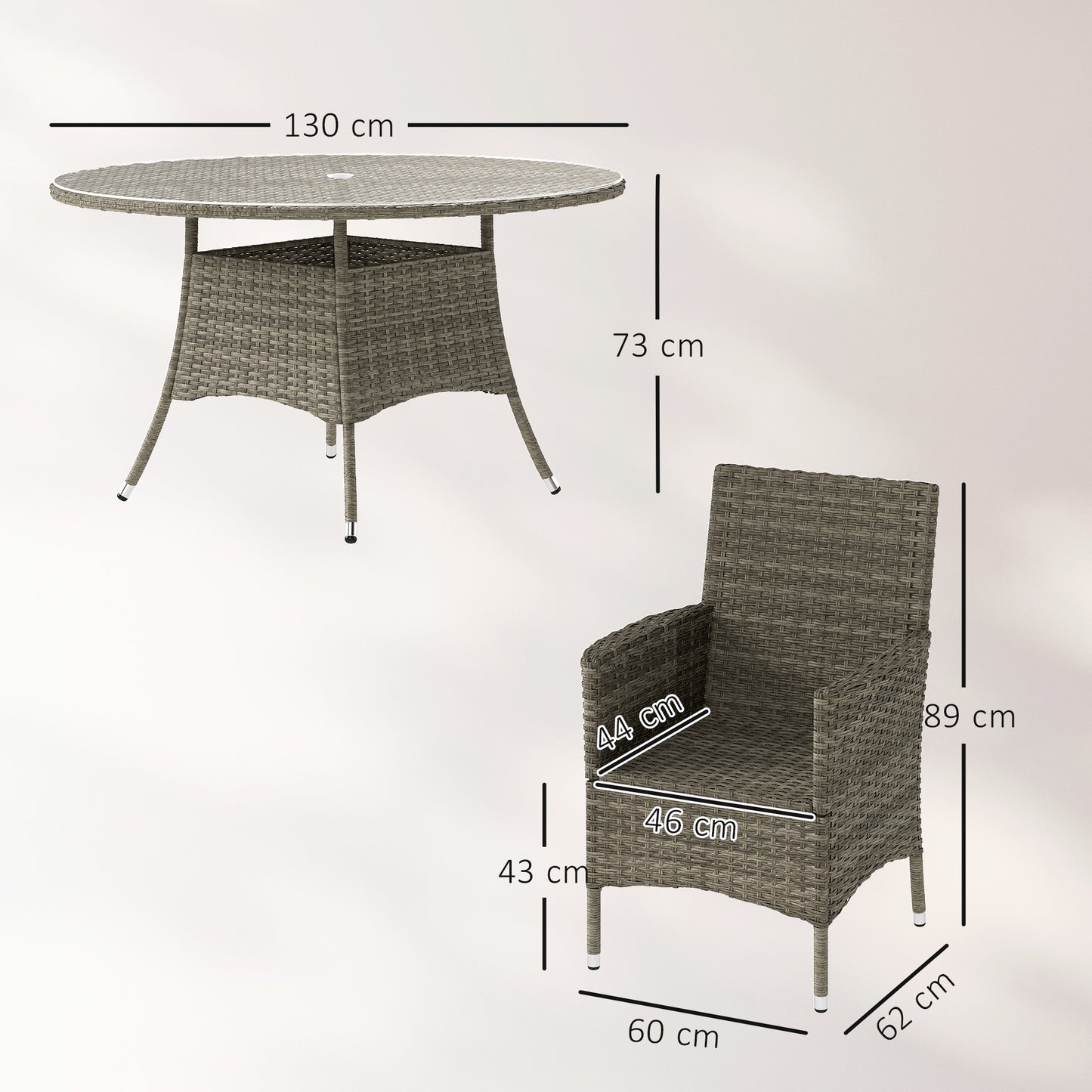6 Seater Rattan Outdoor Dining Set with Cushions, Light Grey