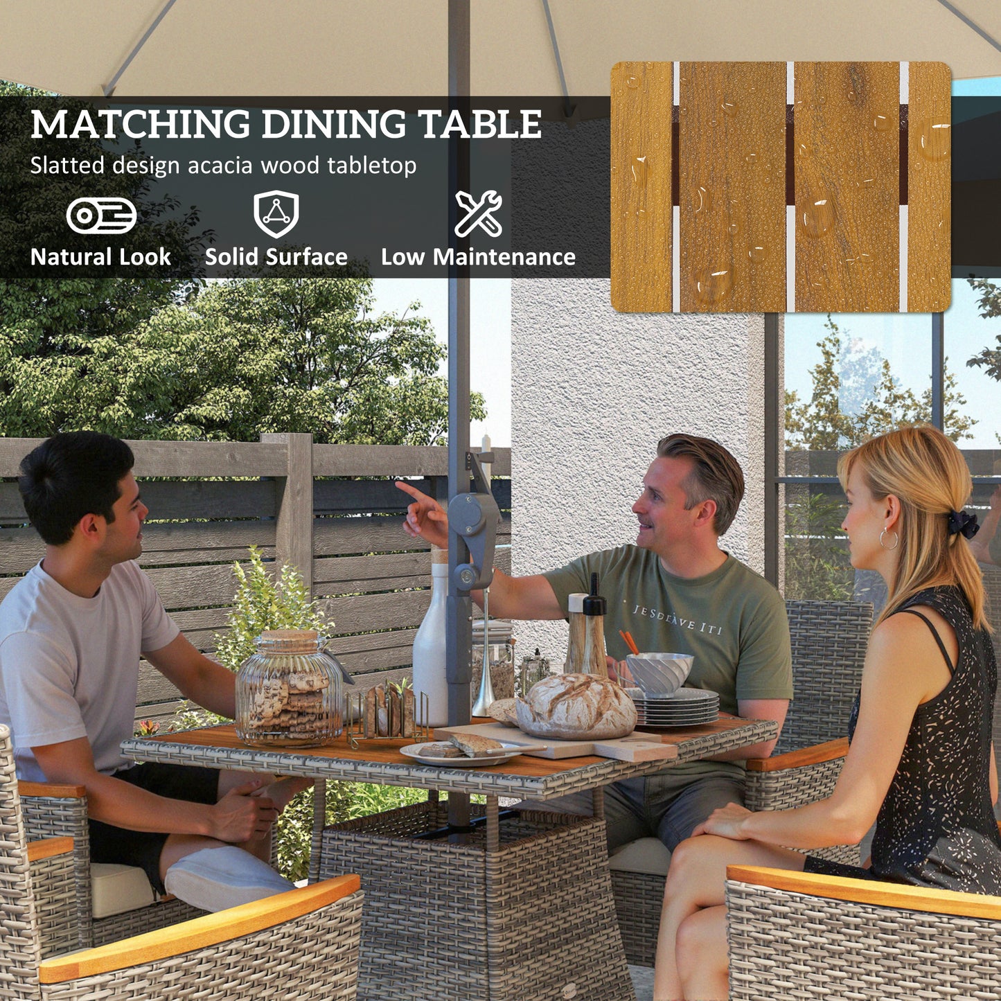 Rattan Dining Set with Parasol Hole, Garden Table and Chairs, Teak