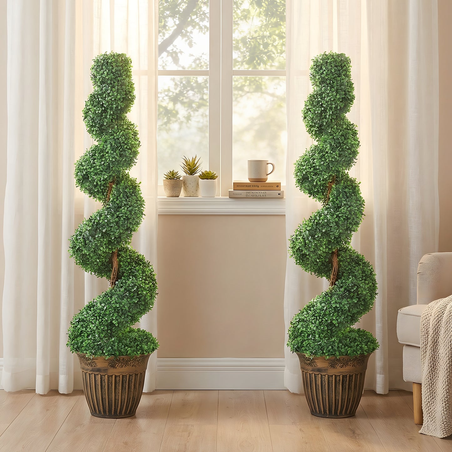Set of 2 Potted Artificial Plants, Topiary Spiral Boxwood Trees