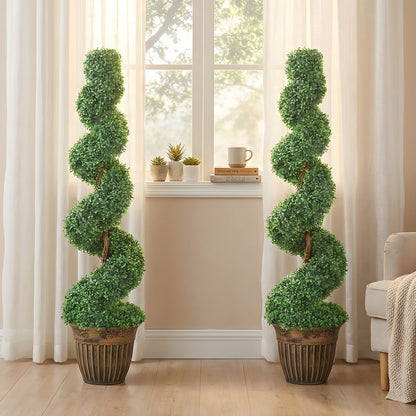 Set of 2 Potted Artificial Plants, Topiary Spiral Boxwood Trees