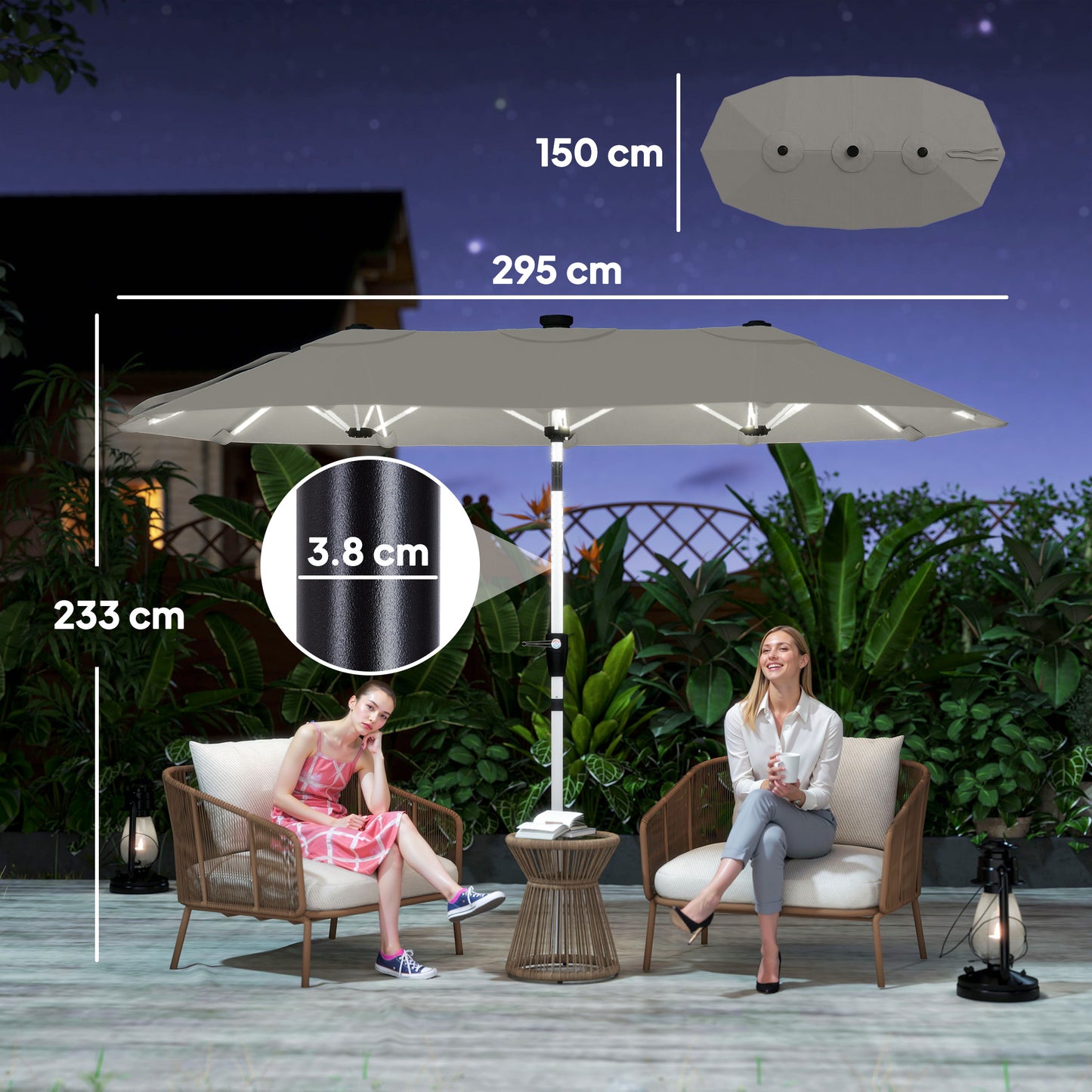 3 m Double-Sided Garden Parasol with Solar Lights, Grey