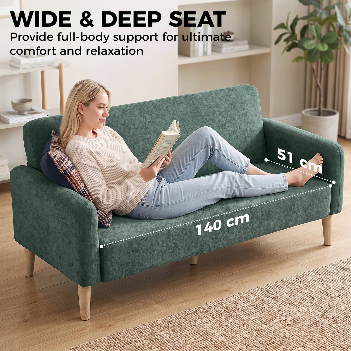 2 Seater Sofa, Velvet Small Couch with Plush Backrest, Dark Green