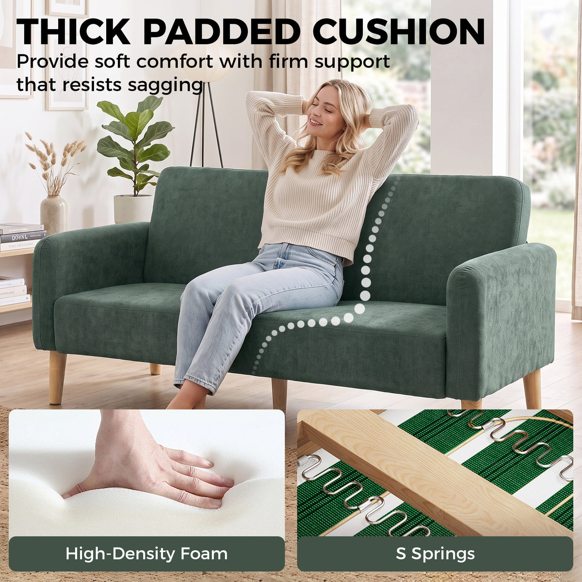 2 Seater Sofa, Velvet Small Couch with Plush Backrest, Dark Green