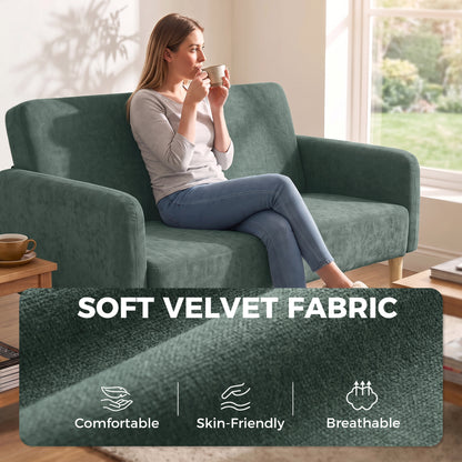 2 Seater Sofa, Velvet Small Couch with Plush Backrest, Dark Green
