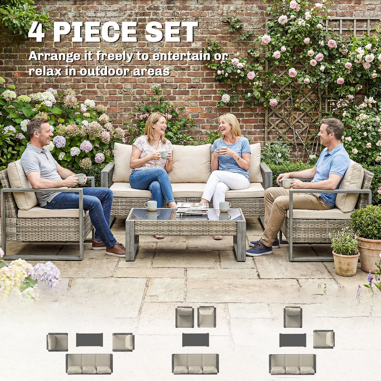 4 Seater Rattan Garden Furniture Set with Non-slip Mats, Khaki