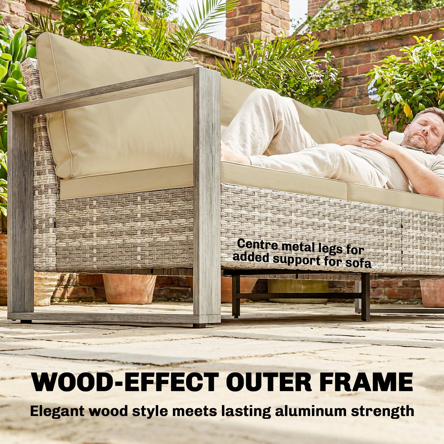 4 Seater Rattan Garden Furniture Set with Non-slip Mats, Khaki