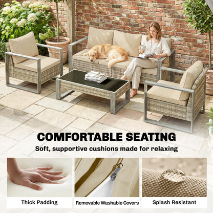 4 Seater Rattan Garden Furniture Set with Non-slip Mats, Khaki