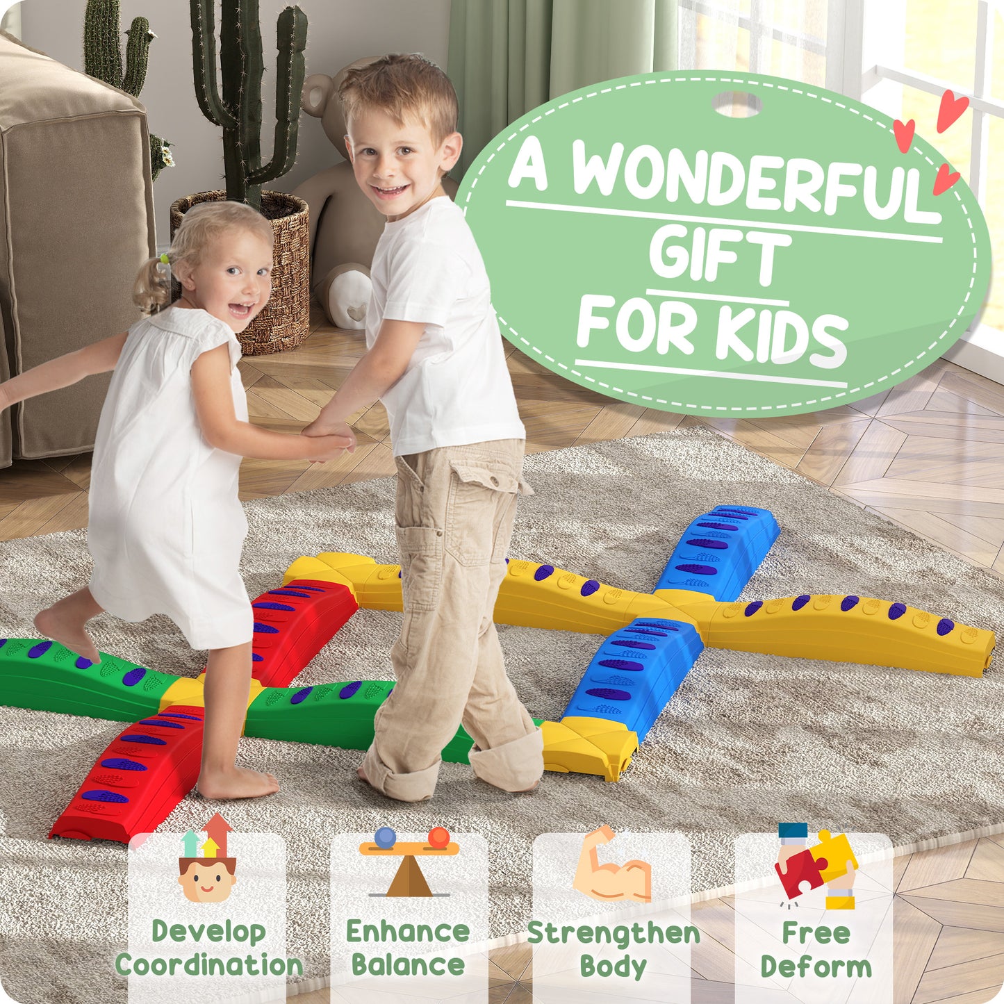 12-Piece Kids Balance Beam, Stepping Stones with Non-Slip Foot Pads
