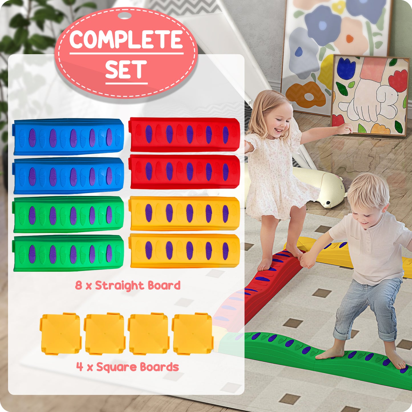 12-Piece Kids Balance Beam, Stepping Stones with Non-Slip Foot Pads