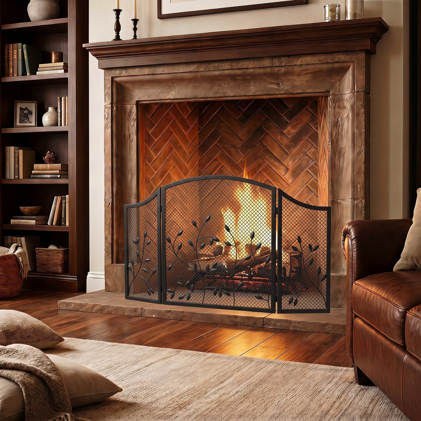 3-Panel Folding Fireplace Screen for Protection, Black