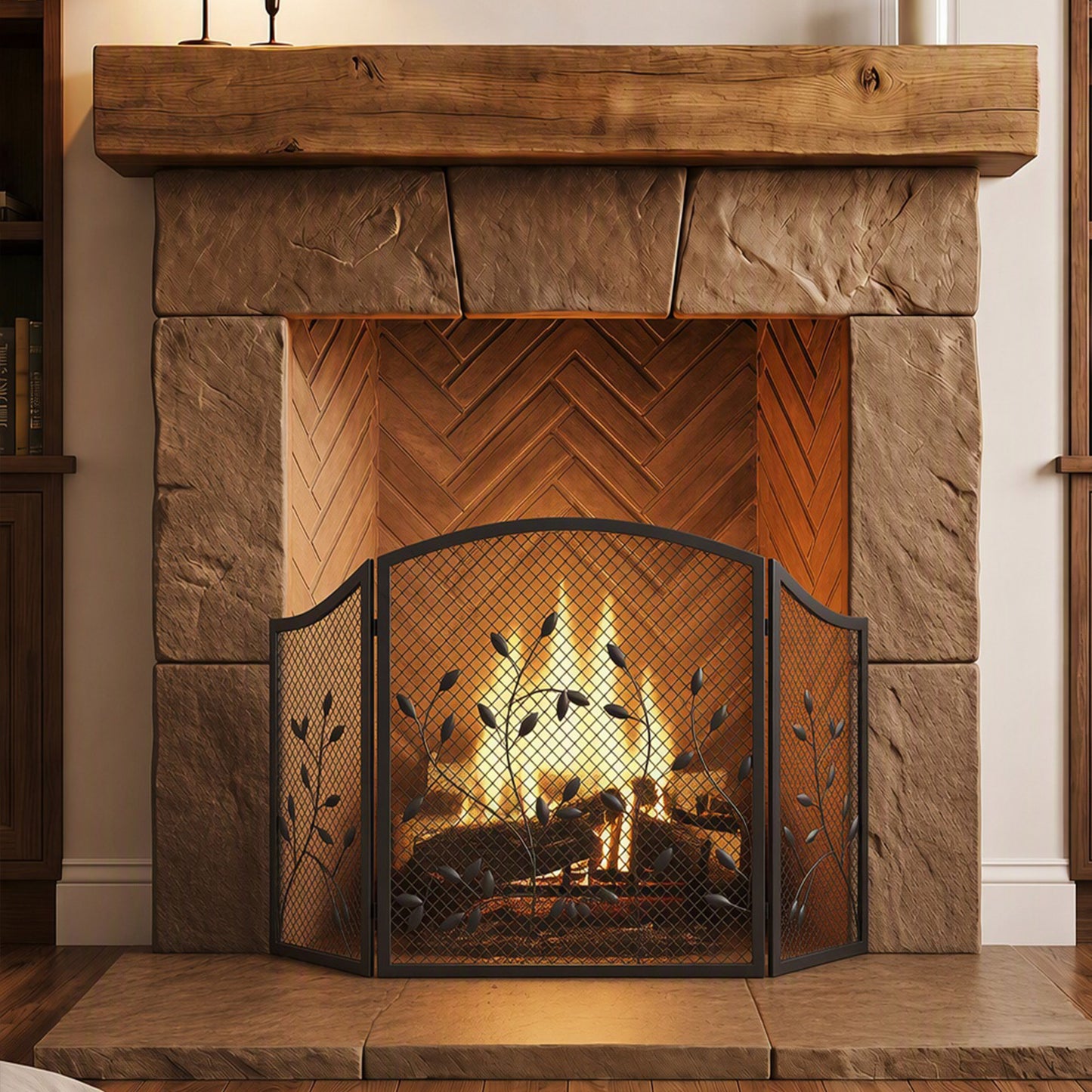 3-Panel Folding Fireplace Screen for Protection, Black
