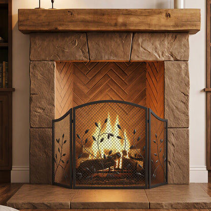 3-Panel Folding Fireplace Screen for Protection, Black
