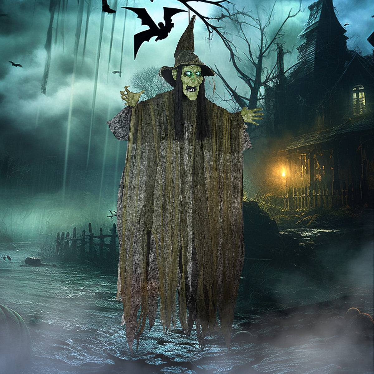Voice Activated Halloween Animatronics Hanging Witch, Green