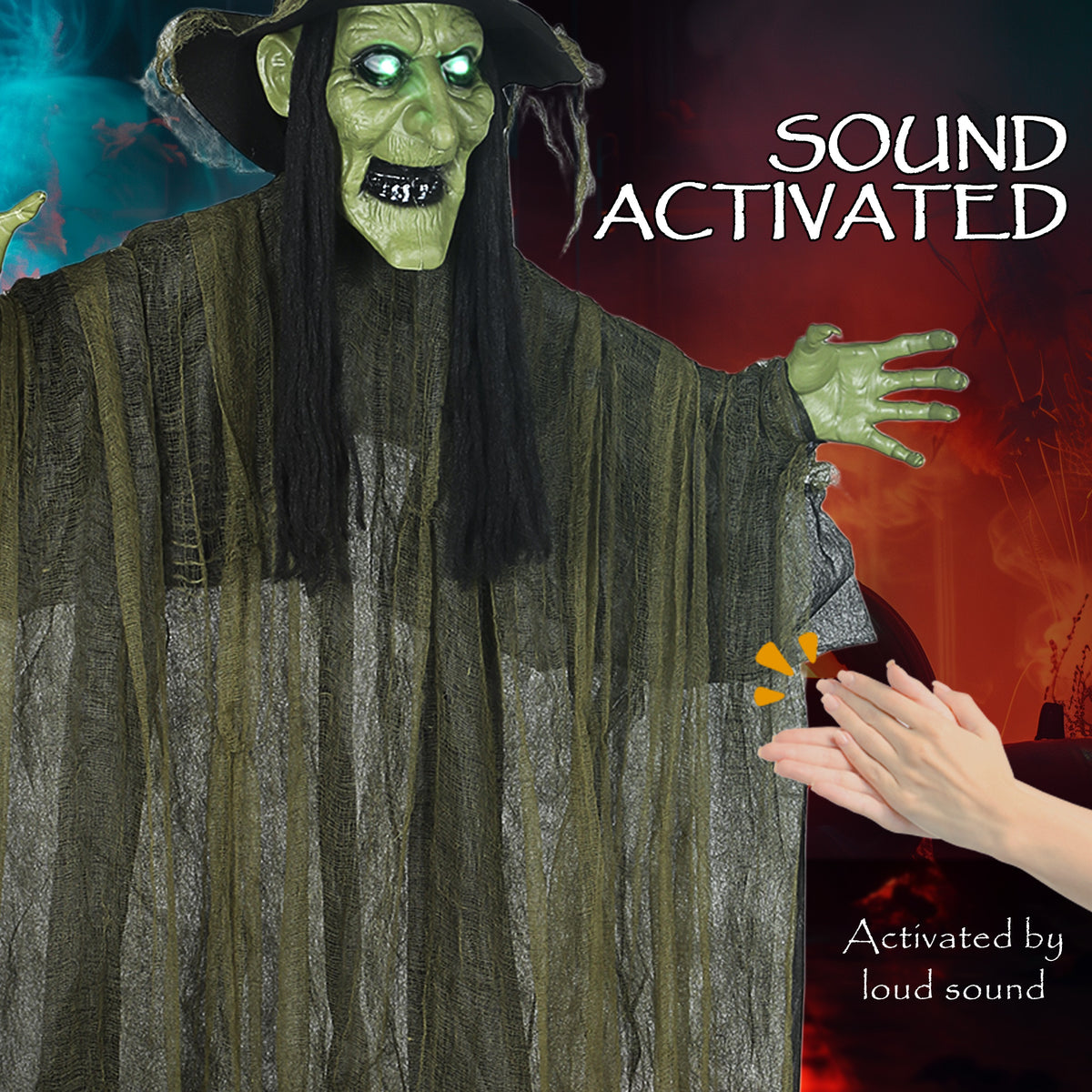 Voice Activated Halloween Animatronics Hanging Witch, Green