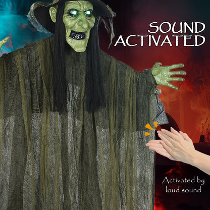Voice Activated Halloween Animatronics Hanging Witch, Green