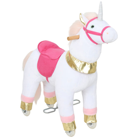 Kids Rocking Horse, Plush Ride On Unicorn Toy with Wheels, White